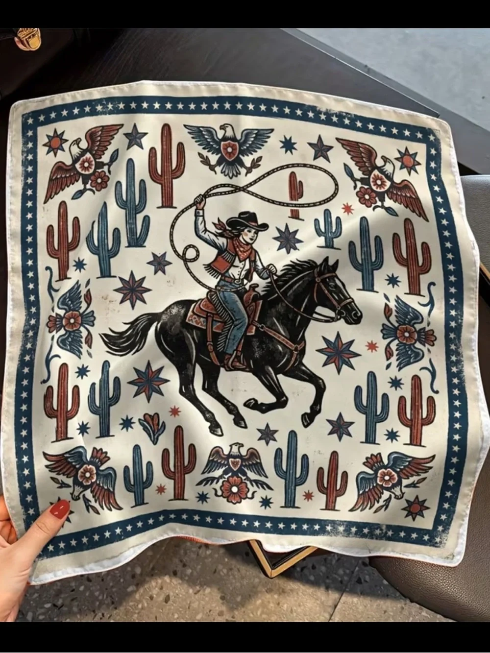 Cowgirl Horse with Lasso Bandana Scarf in Cream, Navy & Rust